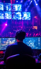 Back view of a gamer watching the monitors amidst the intense crowd lights show