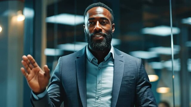Modern Business Professional: A sharp-dressed professional gestures in a sleek office environment, exuding confidence and approachability in a dynamic setting. 