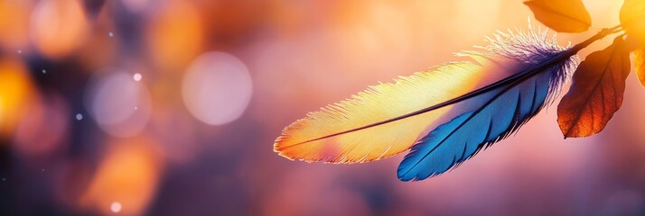 Naklejka premium Serene Sunset Feather - A single feather rests on a branch, bathed in the warm glow of a setting sun. Soft bokeh background