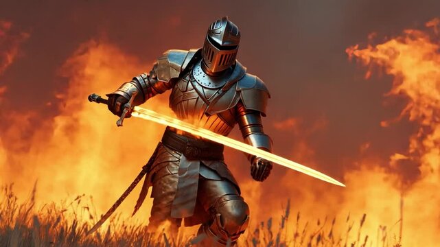 Knight in Fiery Battle: A valiant knight clad in shining armor stands resolute in a fierce battlefield, his glowing sword held high amidst a raging inferno, embodying valor and courage.