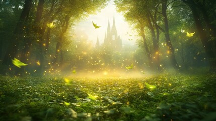 Obraz premium Enchanted forest vista with glowing fireflies a dreamy ethereal 