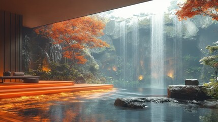 Indoor waterfall spa setting with autumnal foliage.