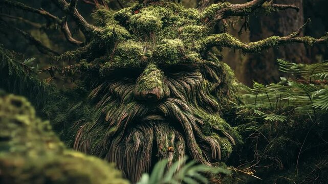 Ancient Forest Guardian: A captivating display of nature's artistry reveals a majestic tree shaped like a face, its features sculpted with intricate detail and surrounded by lush vegetation