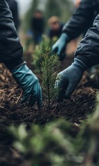 Gloved hands plant a new tree sapling in rich soil among other blurred people