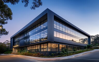 Obraz premium Modern building with large glass windows reflecting the twilight sky showcases clean architectural lines