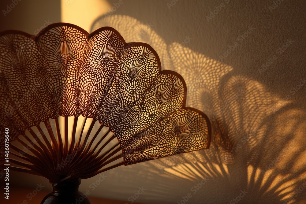Aufkleber Intricate Shadow Display of a Simple Paper Fan on a Textured Wall in Warm Evening Light Generative AI