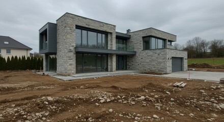 Modern stone house under construction