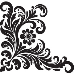 Elegant Black Floral Corner Ornament Vector Design with Vintage Swirl Patterns – Decorative Botanical Frame Element for Invitations, Tattoos, and Graphic Projects.