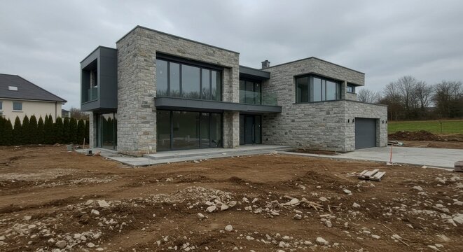 Modern stone house under construction