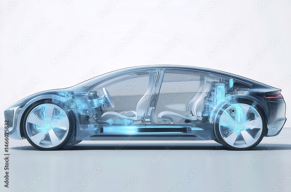 Poster 青い光沢のある透明な電気自動車のイラストレーションデザインと技術革新を示す断面図