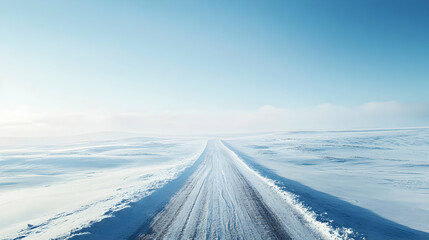 Obraz premium Snowy road stretches into the distance beneath a clear blue sky.