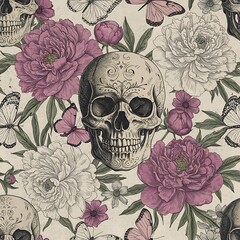 Fototapeta premium Floral Skull & Butterfly Seamless Pattern