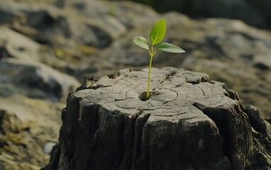 Tiny green seedling emerges from the center of an old gray stump, revitalizing new growth