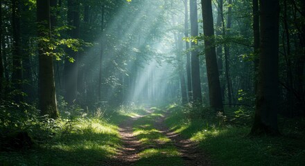 Obraz premium Sunlight filtering through a dense forest. Sunlight beams illuminate a path through tall trees
