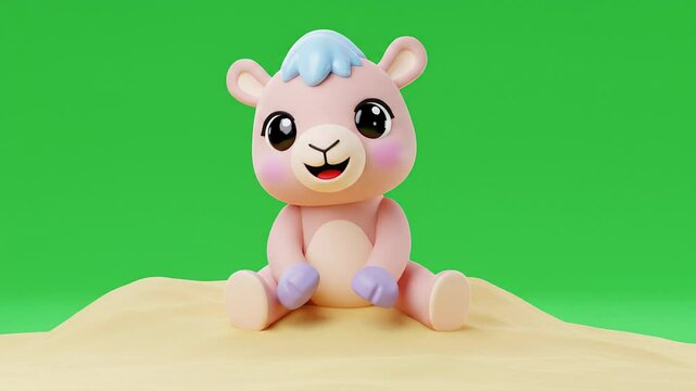 Cute cartoon llama character smiling and sitting on sand background for playful design