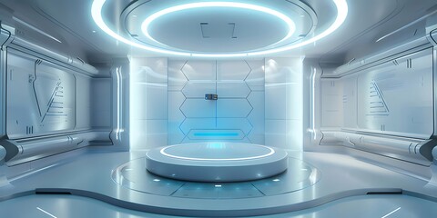 青色のライトと白い未来的な部屋のインテリアデザイン 円形プラットフォームと技術的な装飾が施されたモダンな幾何学的構造のシーン