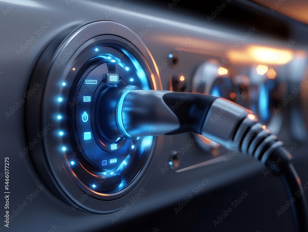 Poster シルバー電気自動車充電器青色ライトが未来的なデザインで輝きエネルギー効率の都市輸送を示すクローズアップ