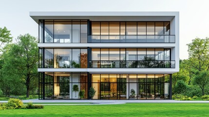 Fototapeta premium Modern architecture design villa with panoramic windows overlook