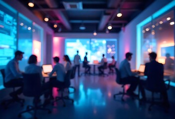 Naklejka premium Generative AI Blurred vision of a business meeting in a modern office with neon lighting effects