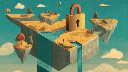 Surreal Landscape with Padlock Securing the World's Data