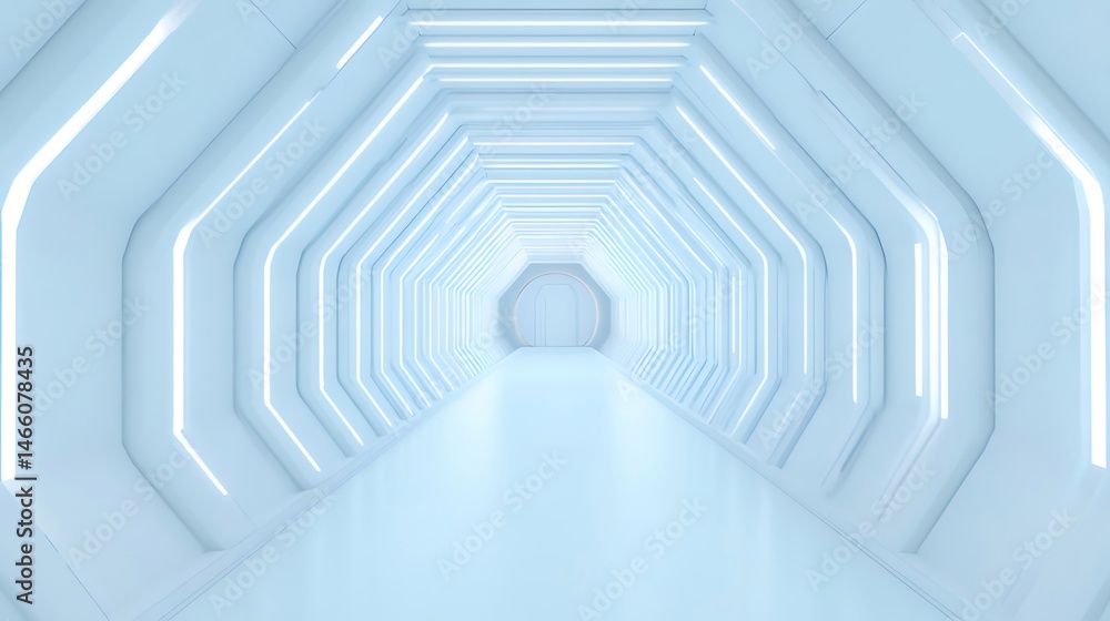 Poster 未来的な白いトンネルの通路 明るいネオンライトと幾何学的なデザイン 未来的な構造を持つモダンなインテリア 無限の奥行きと抽象的な空間を提供する背景