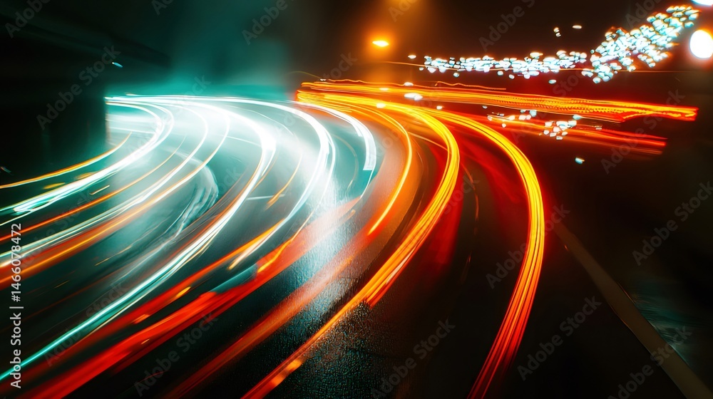 Aufkleber 高速道路でのモーションブラー効果のある光の軌跡 青とオレンジ色の光が夜の道路を駆け抜ける抽象的な背景デザイン