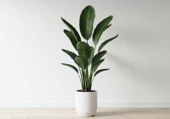 Strelitzia nicolai plant in white pot against a white wall