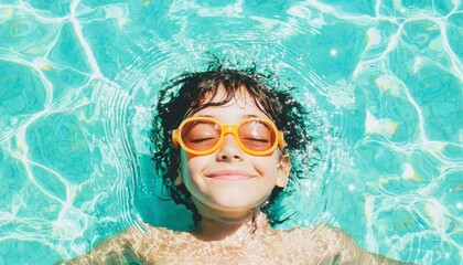 Naklejka premium Child floating in pool, enjoying summer
