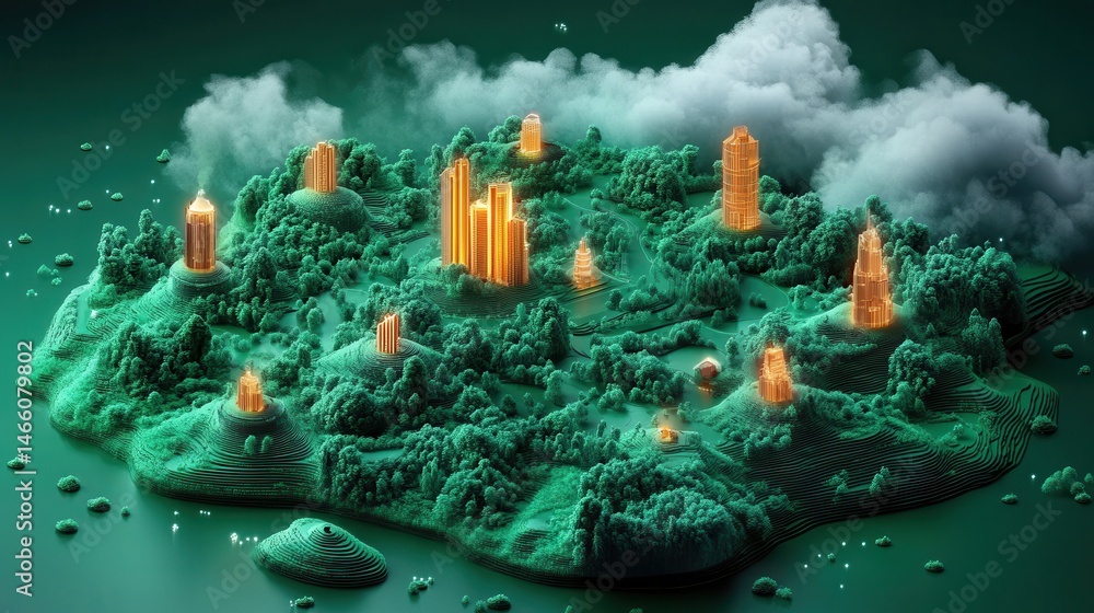Poster Surreal voxel landscape with luminous structures and atmospheric