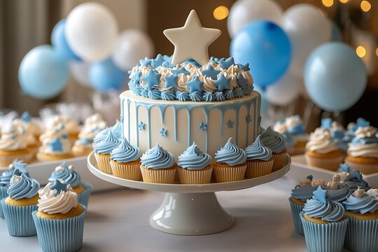 Celebration cake and cupcakes with star decorations for a birthday event or party