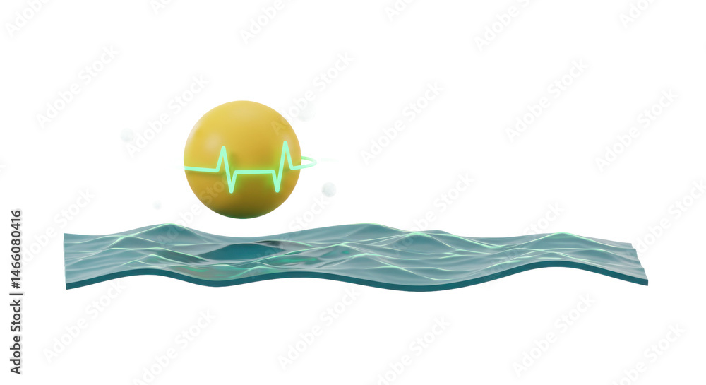 Poster abstract 3d rendering of a yellow planet with a teal pulse above rippled water