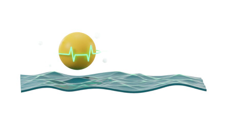 Abstract 3D Rendering Of A Yellow Planet With A Teal Pulse Above Rippled Water