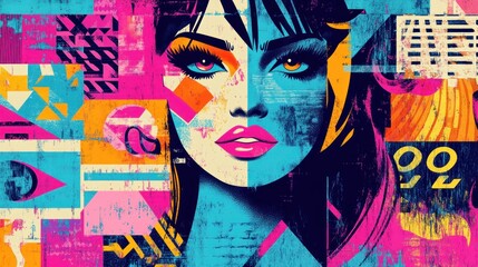 Colorful graphic portrait of a woman with bold geometric patterns and vibrant colors.
