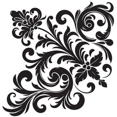 Elegant Black Floral Corner Ornament Vector Design with Vintage Swirl Patterns – Decorative Botanical Frame Element for Invitations, Tattoos, and Graphic Projects.