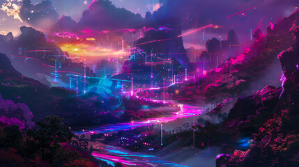 Obraz premium Surreal Dreamscape of Floating Geometry Neon Lights Glitch Effects and AI Landscapes with Flowing Data Streams and Mind Bending Architecture