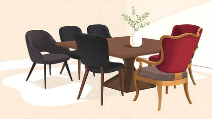 Obraz premium Modern Wooden Dining Table with Black Chairs and Vase - Cozy Home Interior Design