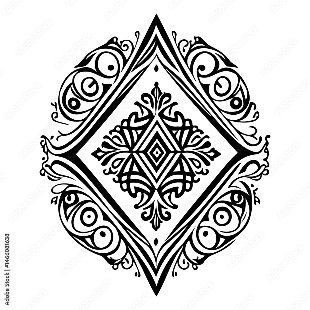 Poster elaborate decorative ornament with symmetrical scrolls and pointed rhombus shape