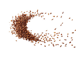 Brown flaxseeds spilling in a dynamic wave, showcasing their natural texture and healthy attributes against a black background. on transparent background