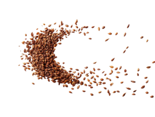 Brown flaxseeds spilling in a dynamic wave, showcasing their natural texture and healthy attributes against a black background. on transparent background
