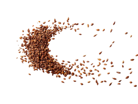 Brown flaxseeds spilling in a dynamic wave, showcasing their natural texture and healthy attributes against a black background. on transparent background