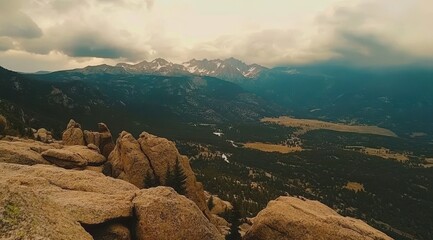 Mountain vista, valley, rocky terrain