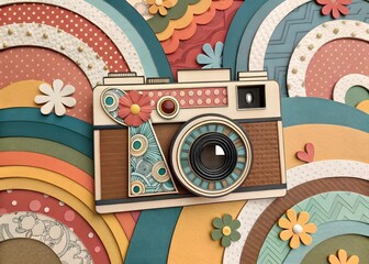 Collage-style mixed media pattern, cut-out textures, layered paper effect, retro scrapbook design