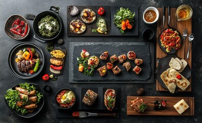 Catering and Asian food background with various dishes on a dark stone table, top view with copy space area for text or logo. Vibrant Asian cuisine concept, with copy space for an advertising banner
