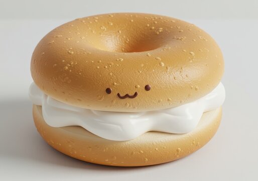 Cute bagel with cream cheese and a smiling face on a white background