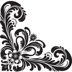 Elegant Black Floral Corner Ornament Vector Design with Vintage Swirl Patterns – Decorative Botanical Frame Element for Invitations, Tattoos, and Graphic Projects.
