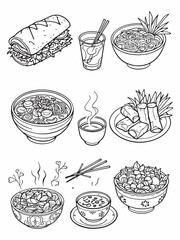 3D Vietnamese Traditional Foods line art minimal style.eps