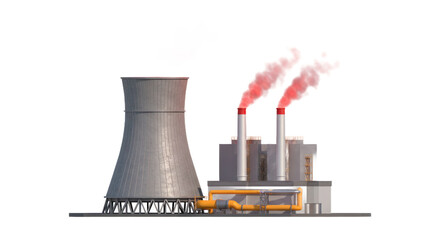 Industrial Power Plant With Cooling Tower And Smoke Stacks