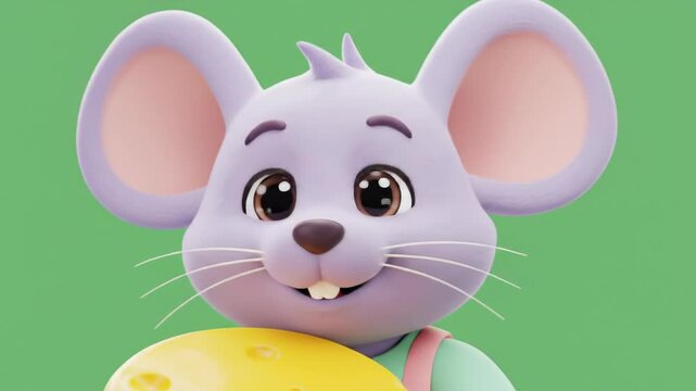 Smiling cartoon mouse holding cheese against a bright green background with playful and cheerful illustration