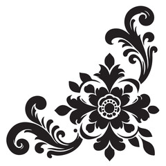 Elegant Black Floral Corner Ornament Vector Design with Vintage Swirl Patterns – Decorative Botanical Frame Element for Invitations, Tattoos, and Graphic Projects.