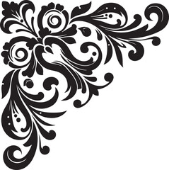 Elegant Black Floral Corner Ornament Vector Design with Vintage Swirl Patterns – Decorative Botanical Frame Element for Invitations, Tattoos, and Graphic Projects.
